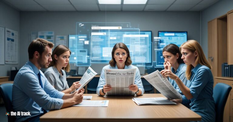 Editors holding newspapers that fade into a glowing Google AI interface (Antitrust Complaint Over AI Overviews) Credit - Reve, The AI Track